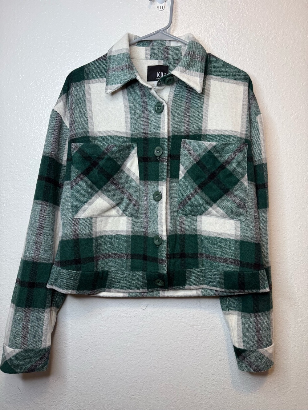 Kut from the Kloth Luciana Green Plaid Cropped Shirt Jacket Shacket Size M